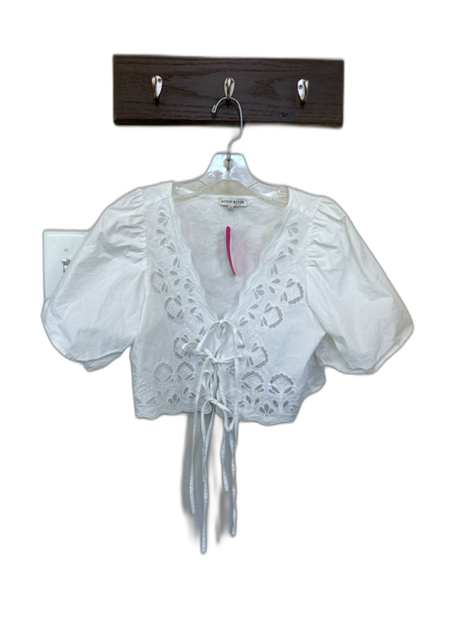 Moon River Size XS White Cotton Tie Puff Sleeve Open Front Eyelet Top White / XS