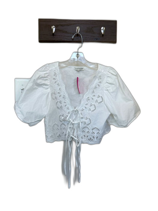 Moon River Size XS White Cotton Tie Puff Sleeve Open Front Eyelet Top White / XS
