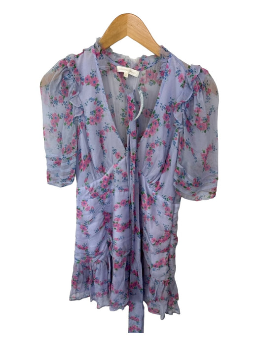 Loveshackfancy Size 4 purple & pink Silk Short Sleeve Floral Belted Dress purple & pink / 4