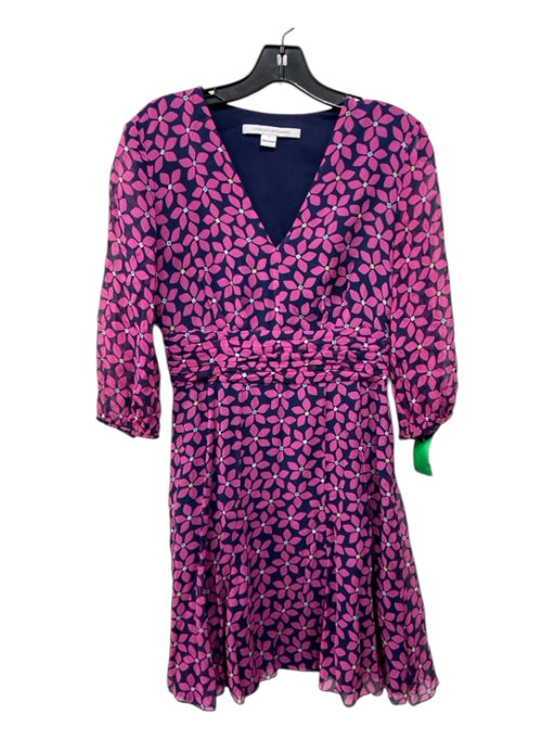 Diane Von Furstenberg Size 4 Navy Blue & Pink Silk Floral V Neck Dress Navy Blue & Pink / 4