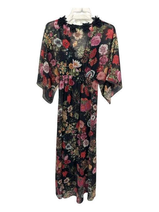 Farm Rio Size XS Black, Red, Multi Viscose Chiffon Overlay Floral Maxi Dress Black, Red, Multi / XS