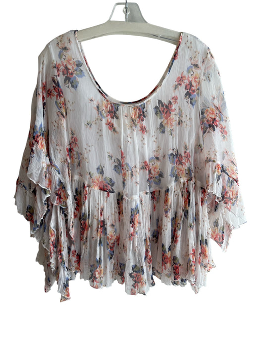 Love Johnny Was Size M White & Multi Silk & Cotton Wide Round Neck Flowy Top White & Multi / M
