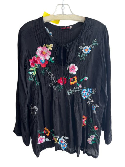 Johnny Was Size M Black & Multi Rayon Tie V Neck Long Sleeve Top Black & Multi / M