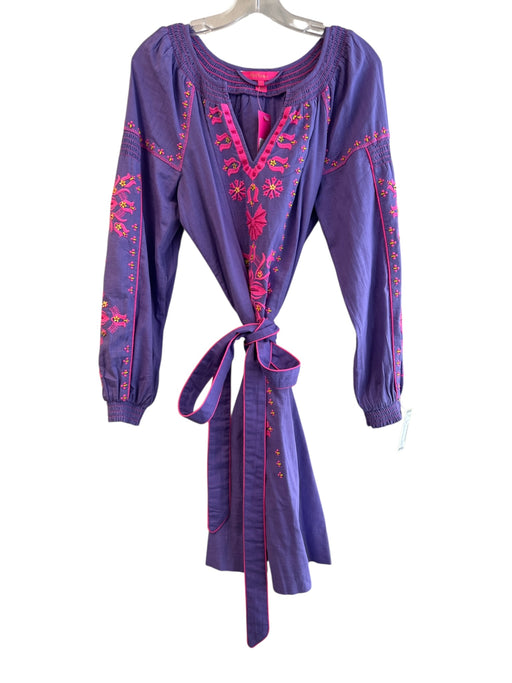 Lilly Pulitzer Size 6 purple & pink Cotton Long Sleeve Embroidery Belt Dress purple & pink / 6