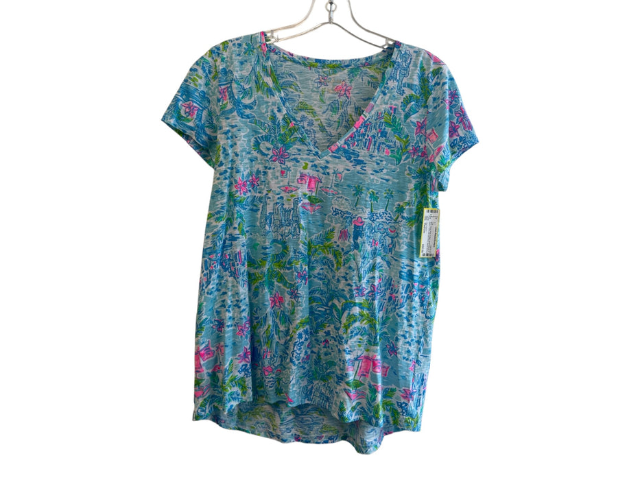 Lilly Pulitzer Size Medium Blue, Green Pink Cotton Short Sleeve V Neck Top Blue, Green Pink / Medium
