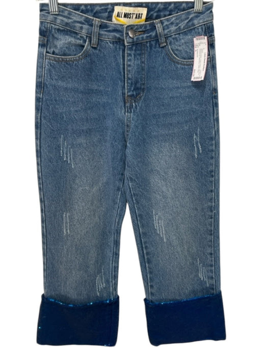 All Must Art Size S Medium Wash Cotton Denim High Rise Whiskering Jeans Medium Wash / S