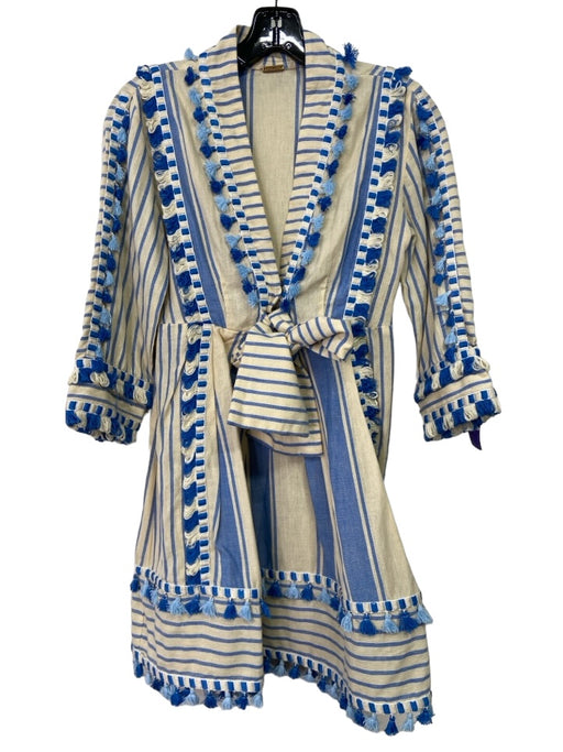 Dodo Bar Or Size S Blue & Beige Cotton Striped Surplice 3/4 Sleeve Dress Blue & Beige / S