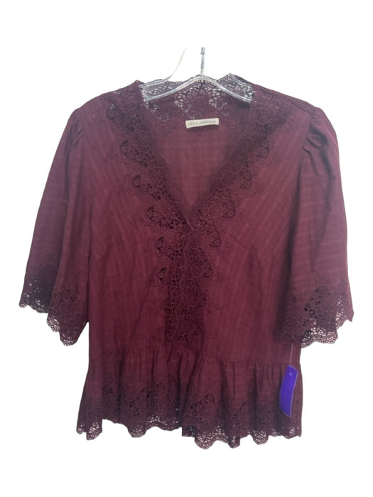 Ulla Johnson Size 4 Maroon Red Cotton Floral Embroidered V Neck Top Maroon Red / 4