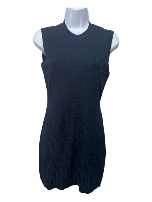 Fendi Size 42 Navy Viscose Blend Logo Jaquard Sleeveless Sheath Dress Navy / 42