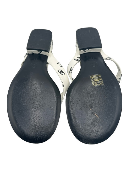 Chanel Shoe Size 38 Black & White Leather Logo Thong Sandals Black & White / 38