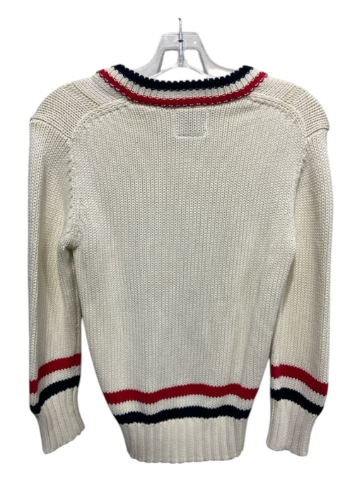 Denimist Size S Cream, Red & Blue Cotton V Neck Cable Stitch Ribbed Trim Sweater Cream, Red & Blue / S