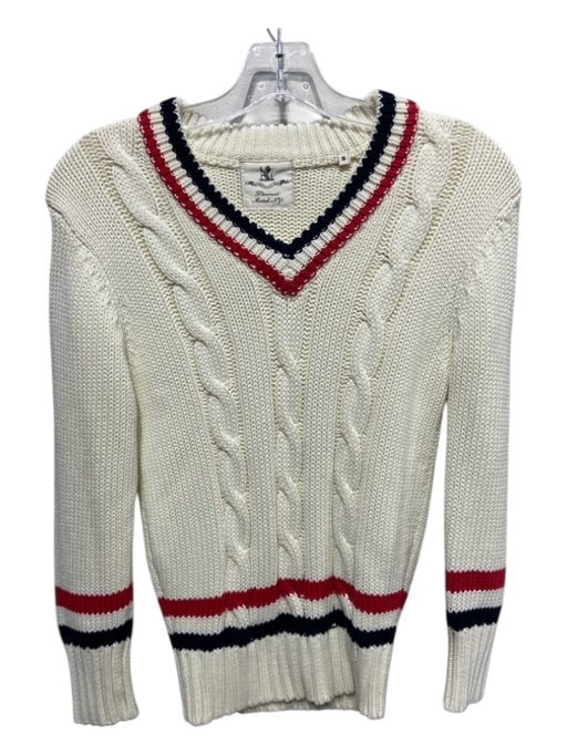 Denimist Size S Cream, Red & Blue Cotton V Neck Cable Stitch Ribbed Trim Sweater Cream, Red & Blue / S