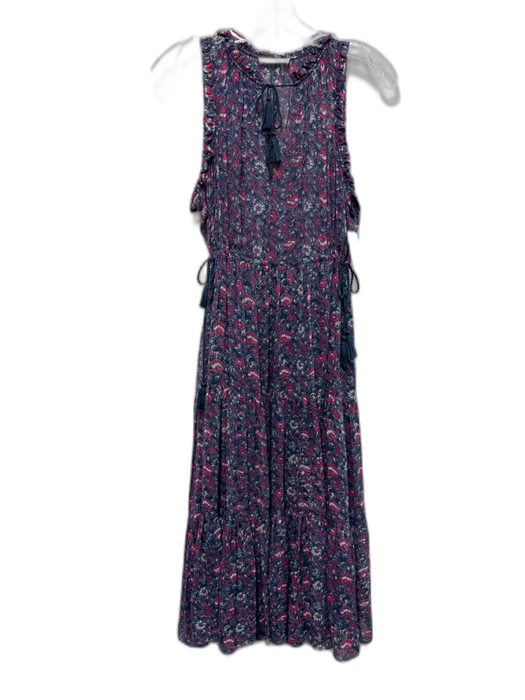Ulla Johnson Size 2 Blue & Purple Silk Floral Sleeveless Tassel V Neck Dress Blue & Purple / 2