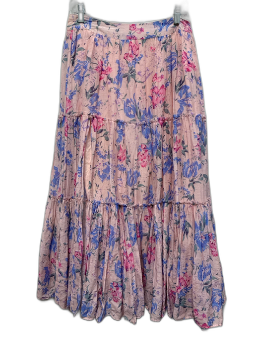 Loveshackfancy Size 4 Pink, Blue & Green Cotton & Silk Floral Tiered Midi Skirt Pink, Blue & Green / 4