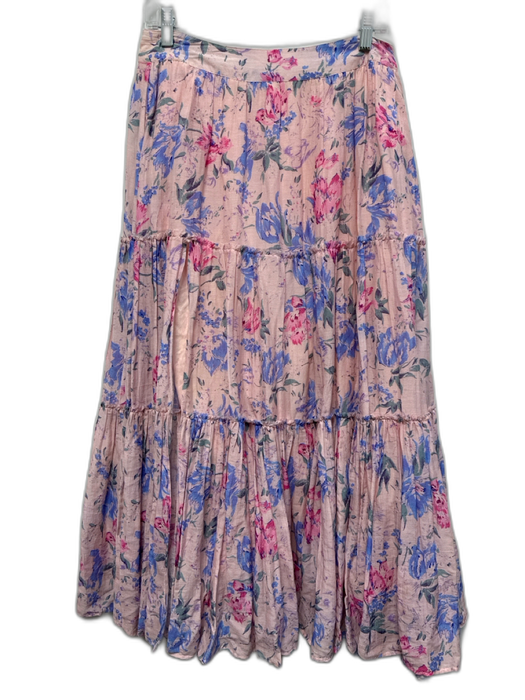 Loveshackfancy Size 4 Pink, Blue & Green Cotton & Silk Floral Tiered Midi Skirt Pink, Blue & Green / 4
