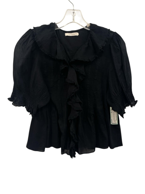 Doen Size XS Black Cotton Short Puff Sleeve Ruffle Button Up Semi Sheer Top Black / XS
