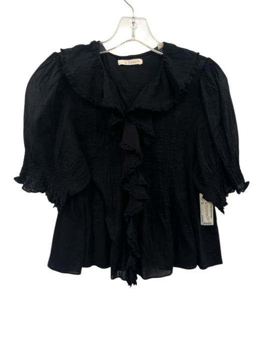 Doen Size XS Black Cotton Short Puff Sleeve Ruffle Button Up Semi Sheer Top Black / XS