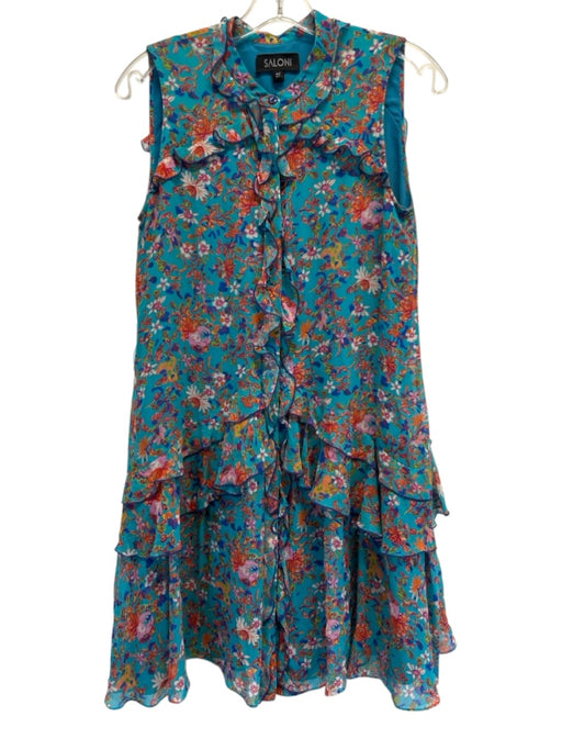 Saloni Size 4 Blue, Orange, pink Silk Sleeve Cut Outs Floral Ruffle Dress Blue, Orange, pink / 4