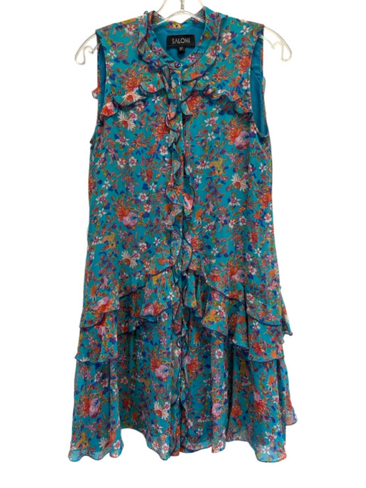 Saloni Size 4 Blue, Orange, pink Silk Sleeve Cut Outs Floral Ruffle Dress Blue, Orange, pink / 4