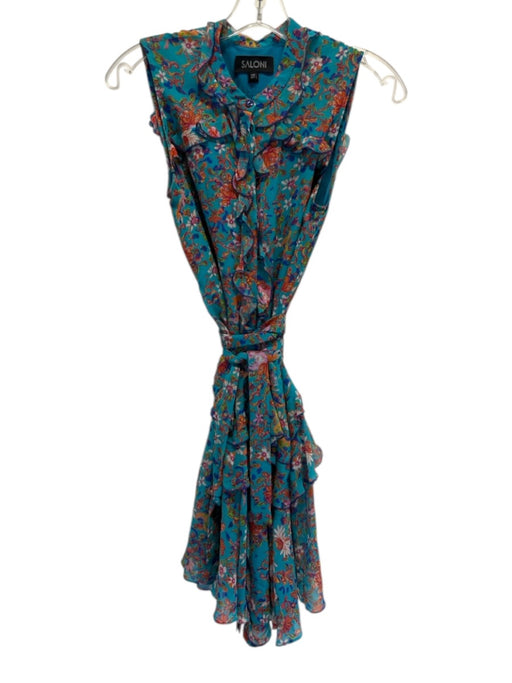 Saloni Size 4 Blue, Orange, pink Silk Sleeve Cut Outs Floral Ruffle Dress Blue, Orange, pink / 4