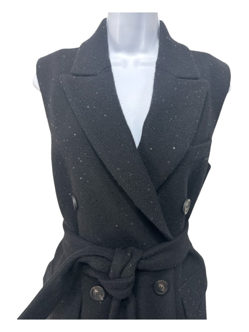 Peserico Size 42/M Black Wool Blend Sequin Double Breast Vest Midi Coat Black / 42/M