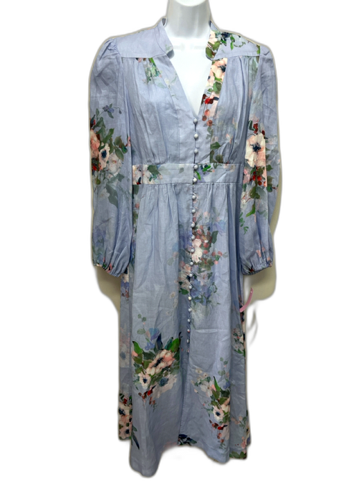 Zimmermann Size 3 Light Blue & Multi Linen Long puff sleeve Floral Print Dress Light Blue & Multi / 3