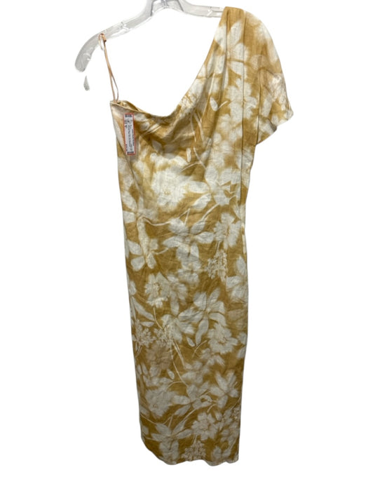 MNG Size 8 Tan & White Linen Tie Dye & Floral One Shoulder Midi Dress Tan & White / 8