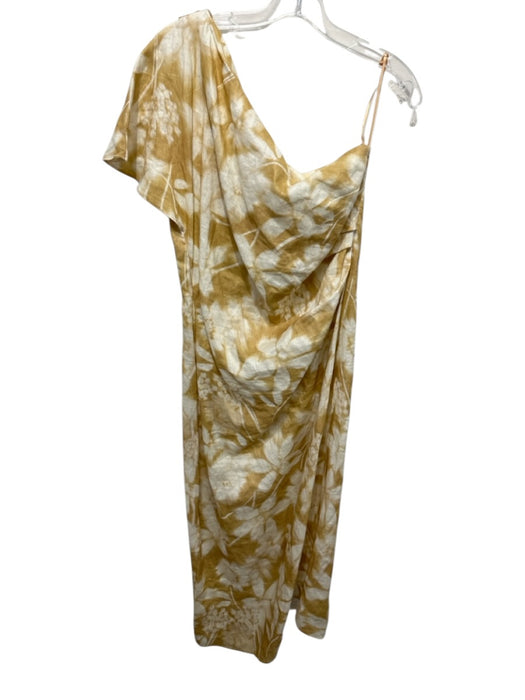 MNG Size 8 Tan & White Linen Tie Dye & Floral One Shoulder Midi Dress Tan & White / 8