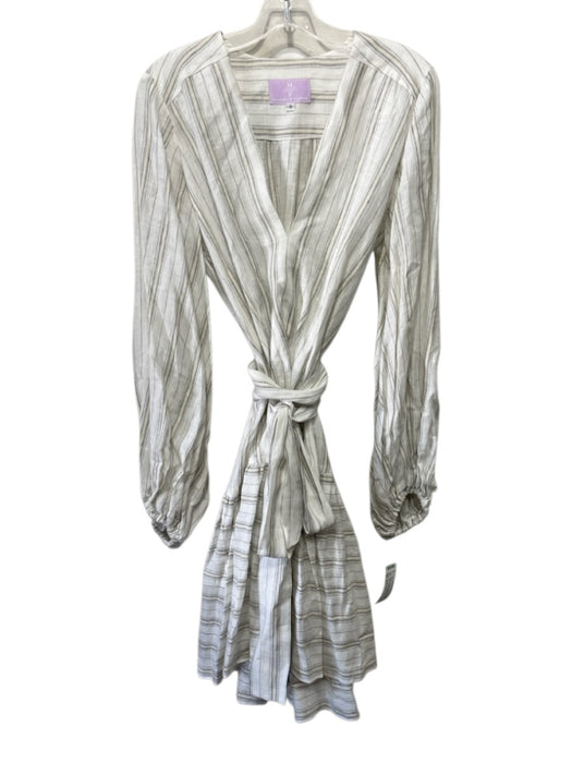 Michelle Farmer Size S Cream & Multi Cotton & Silk Striped V Neck Dress Cream & Multi / S