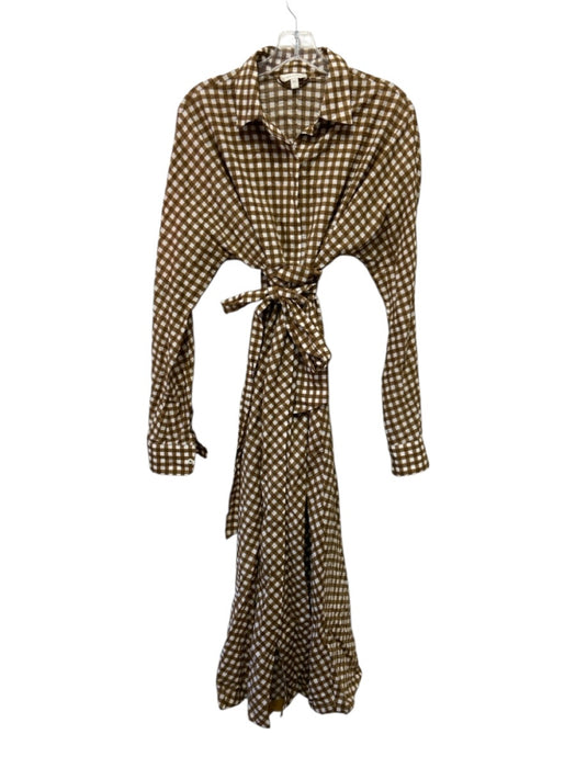 Ann Mashburn Size L Tan & White Cotton Gingham Tie belt Seersucker Dress Tan & White / L