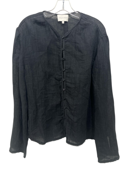 Loulou Studio Size L Black Cotton & Linen Frayed Hem Button Front Top Black / L