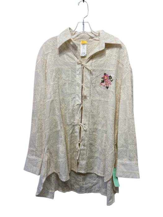 Agua Bendita Size M/L Cream Cotton Embroidered Tie Front Short Set Cream / M/L