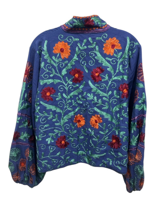 Sue Sartor Size L/XL Blue & Multi Cotton Hook & Eye Embroidered Jacket Blue & Multi / L/XL