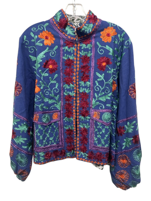 Sue Sartor Size L/XL Blue & Multi Cotton Hook & Eye Embroidered Jacket Blue & Multi / L/XL