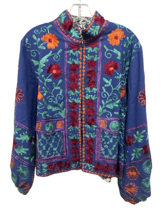 Sue Sartor Size L/XL Blue & Multi Cotton Hook & Eye Embroidered Jacket Blue & Multi / L/XL