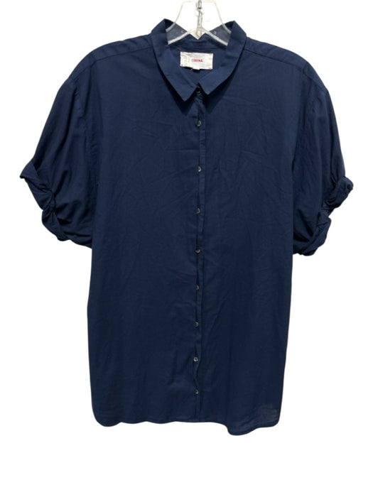 XiRENA Size M Navy Blue Cotton Short Cuff Sleeve Collar Button Down Top Navy Blue / M