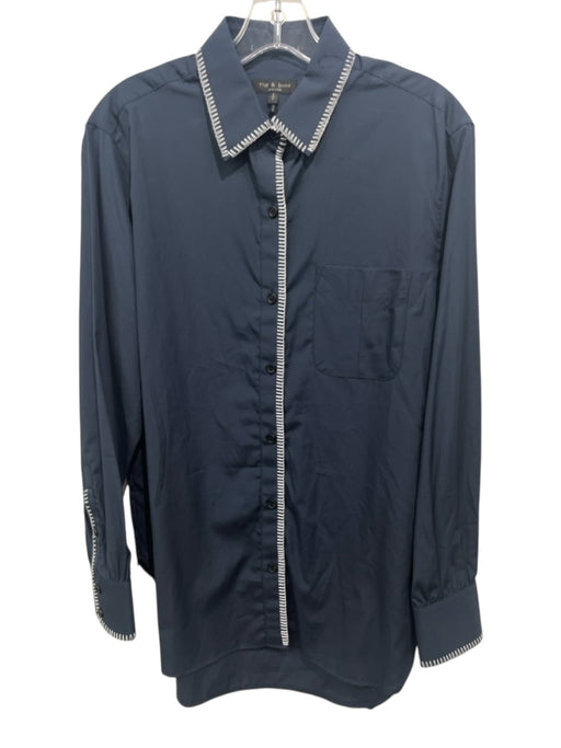 Rag & Bone Size S Navy Blue & White Cotton Whip Stitch Long Sleeve Collar Top Navy Blue & White / S