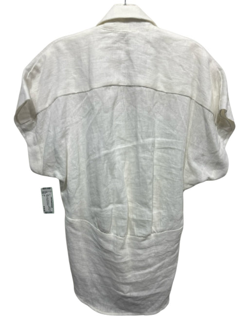 JBQ Size L White Linen Short Sleeve Button Down Collar Tie Waist Top White / L