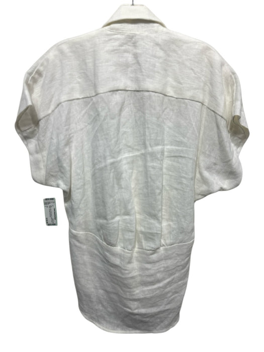 JBQ Size L White Linen Short Sleeve Button Down Collar Tie Waist Top White / L
