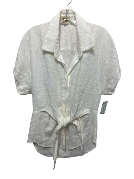 JBQ Size L White Linen Short Sleeve Button Down Collar Tie Waist Top White / L
