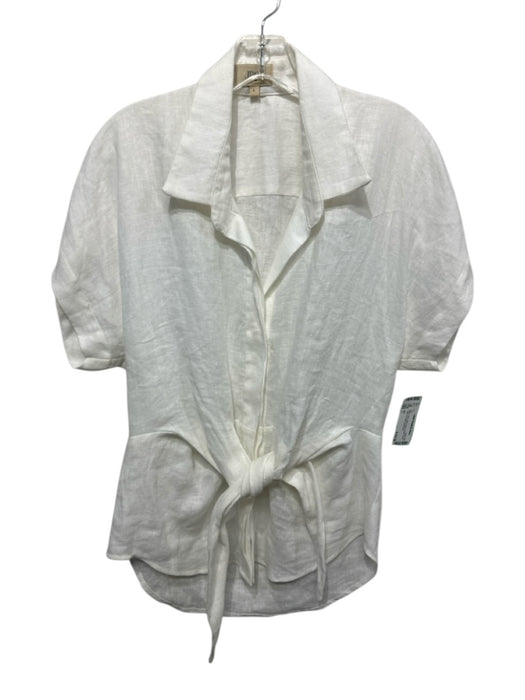 JBQ Size L White Linen Short Sleeve Button Down Collar Tie Waist Top White / L