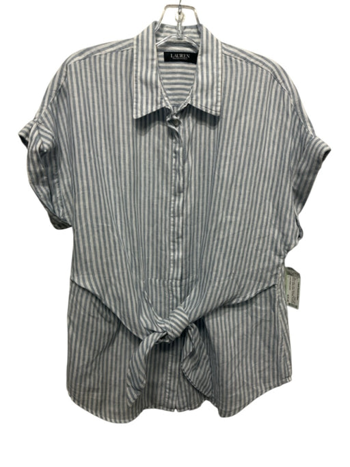 Lauren Ralph Lauren Size L White & Blue Linen Striped Short Cuffed Sleeve Top White & Blue / L
