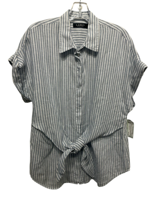 Lauren Ralph Lauren Size L White & Blue Linen Striped Short Cuffed Sleeve Top White & Blue / L