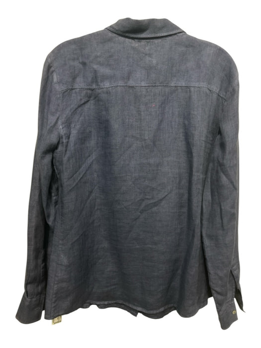 120% Lino Size L Dark Blue Linen Long Sleeve Button Down Collar Top Dark Blue / L