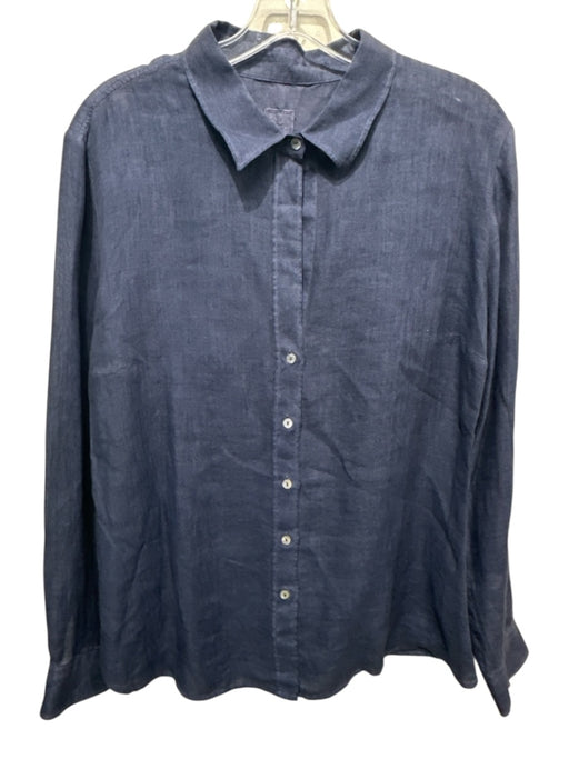 120% Lino Size L Dark Blue Linen Long Sleeve Button Down Collar Top Dark Blue / L