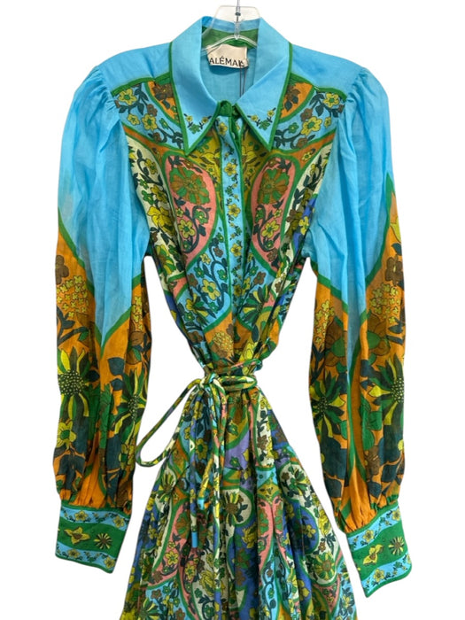 Alemais Size 8 Blue, Green, Multi Ramie Long Sleeve Floral Print Buttons Dress Blue, Green, Multi / 8