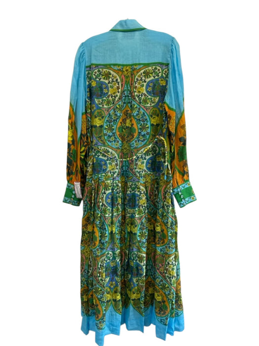 Alemais Size 8 Blue, Green, Multi Ramie Long Sleeve Floral Print Buttons Dress Blue, Green, Multi / 8