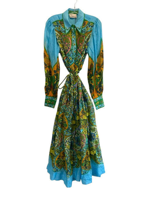 Alemais Size 8 Blue, Green, Multi Ramie Long Sleeve Floral Print Buttons Dress Blue, Green, Multi / 8