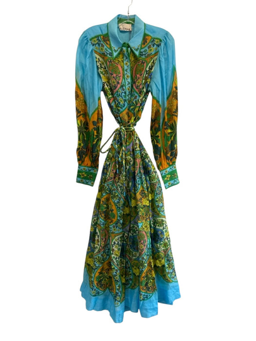 Alemais Size 8 Blue, Green, Multi Ramie Long Sleeve Floral Print Buttons Dress Blue, Green, Multi / 8