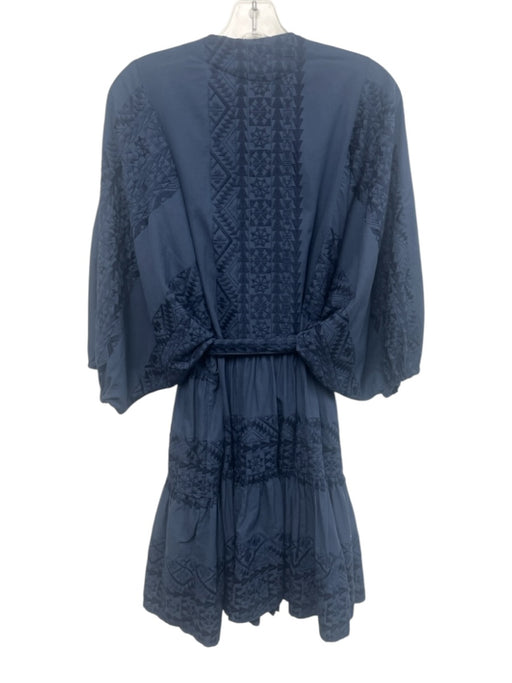 Greek Archaic Kori Size L Navy Blue Cotton Short Puff Sleeve Buttons Mini Dress Navy Blue / L